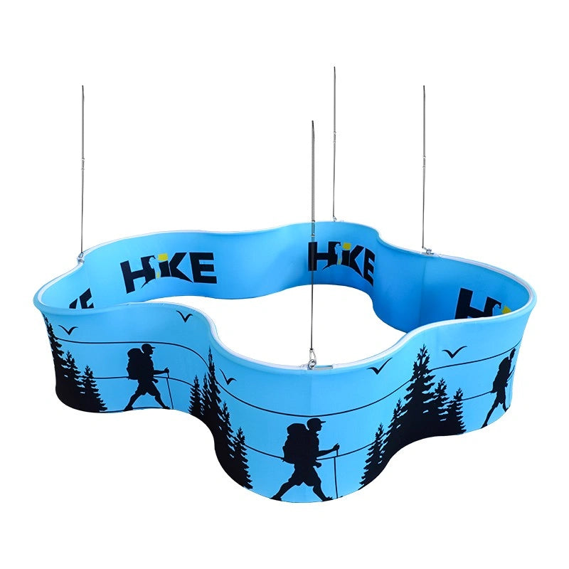 Trade show cloud shaped hanging banner with fabric graphics