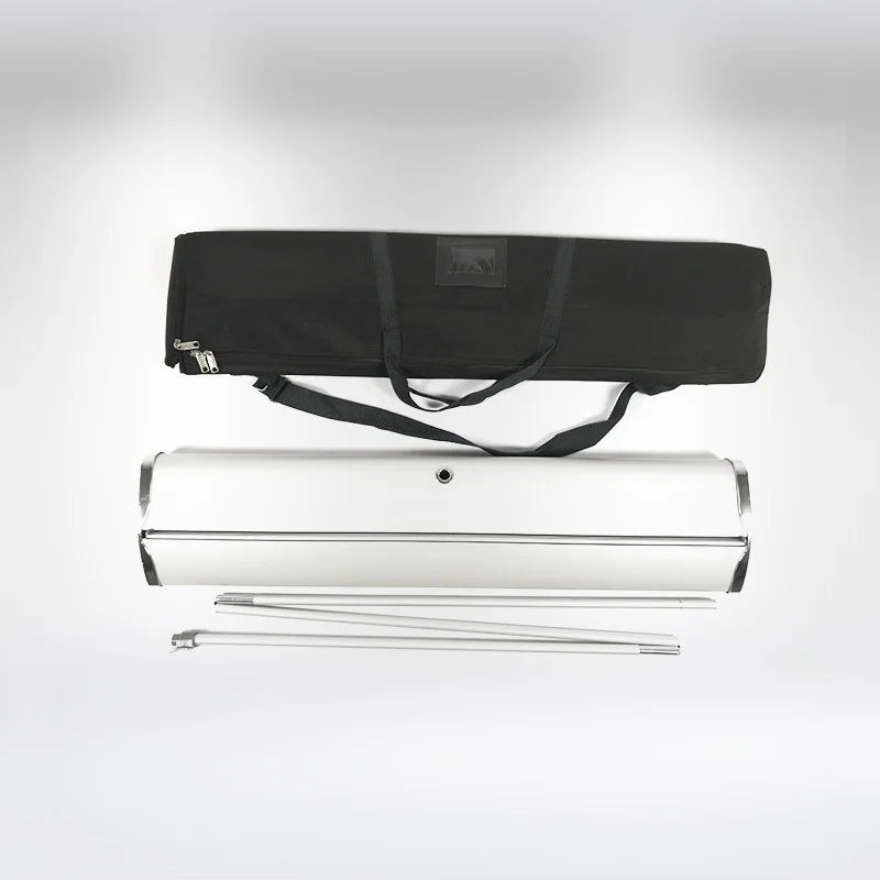 Portable retractable banner display with tall custom graphic for high-visibility event branding.