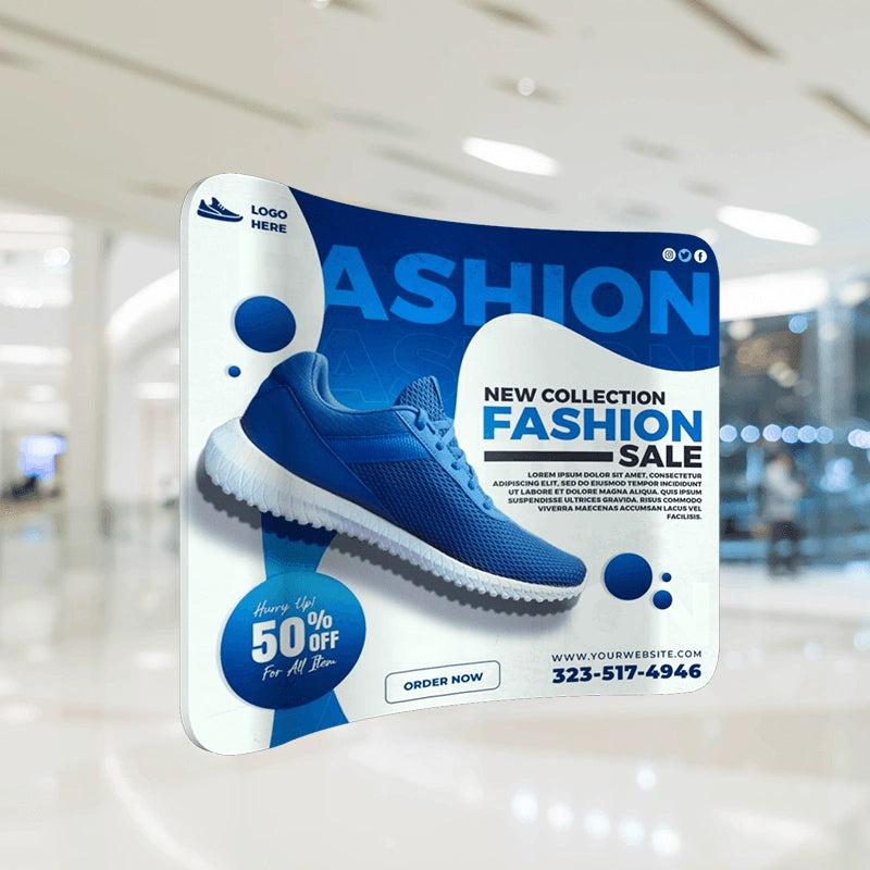Front view of curved tension fabric display with seamless graphics