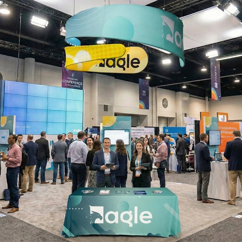 Custom overhead Swirl Hanging Sign designed to create a distinctive branded landmark above a trade show booth