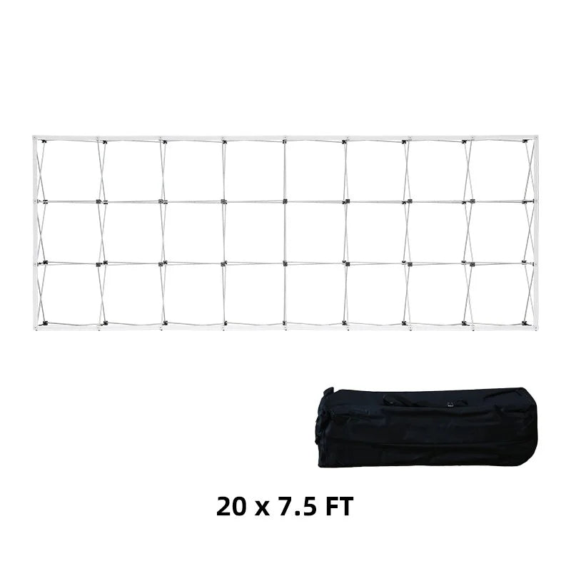 Portable trade show backdrop with custom printed tension fabric and circular tube frame