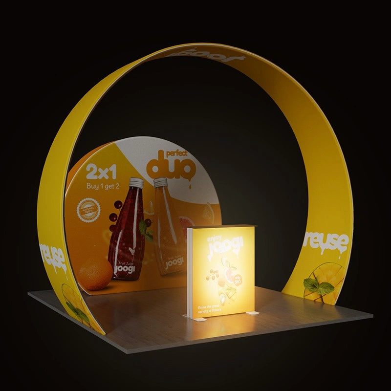 Compact D2 trade show booth layout designed for branding and visitor engagement