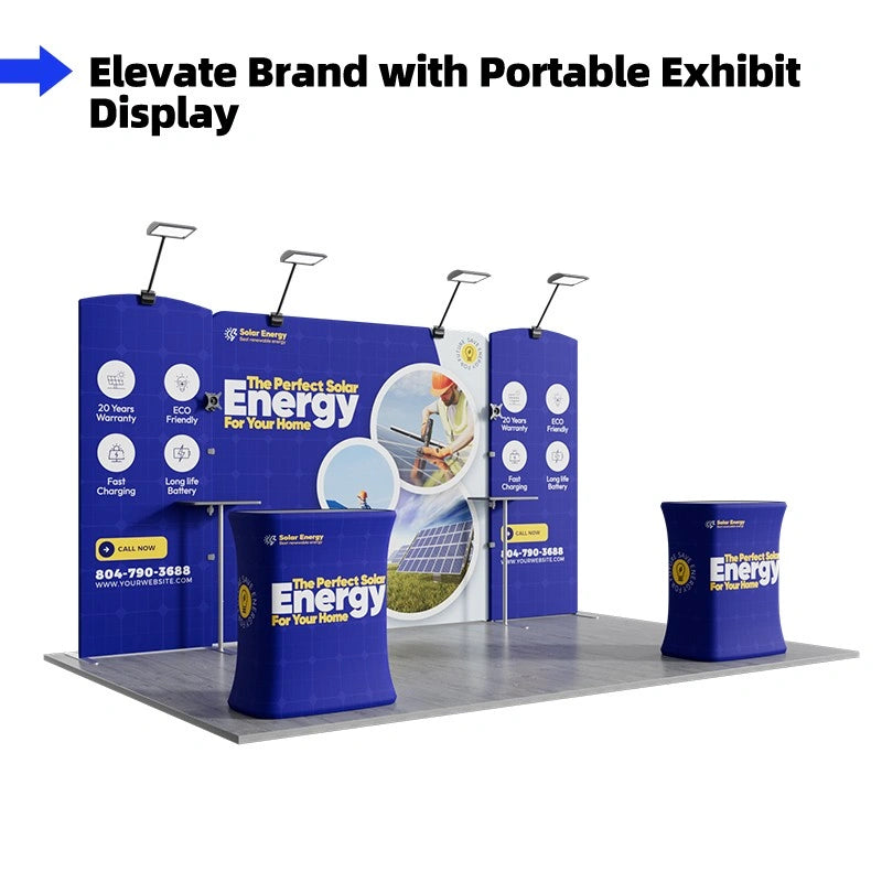 Front view of 10x15 exhibition booth with flame-retardant tension fabric display