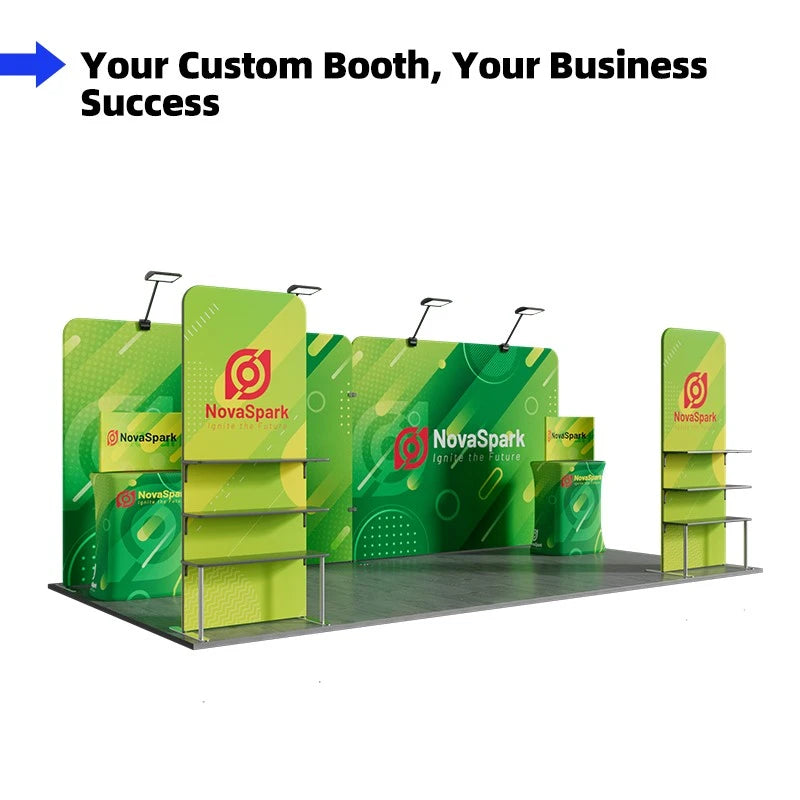 Angled view of A2 10x20 trade show booth showcasing seamless fabric backdrop