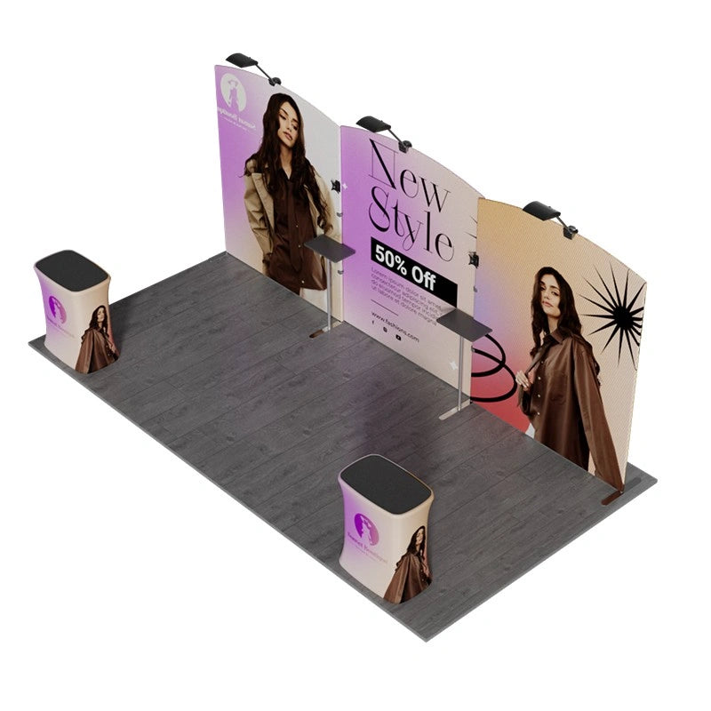 Side angle view of 10x20ft trade show booth kit C4 setup