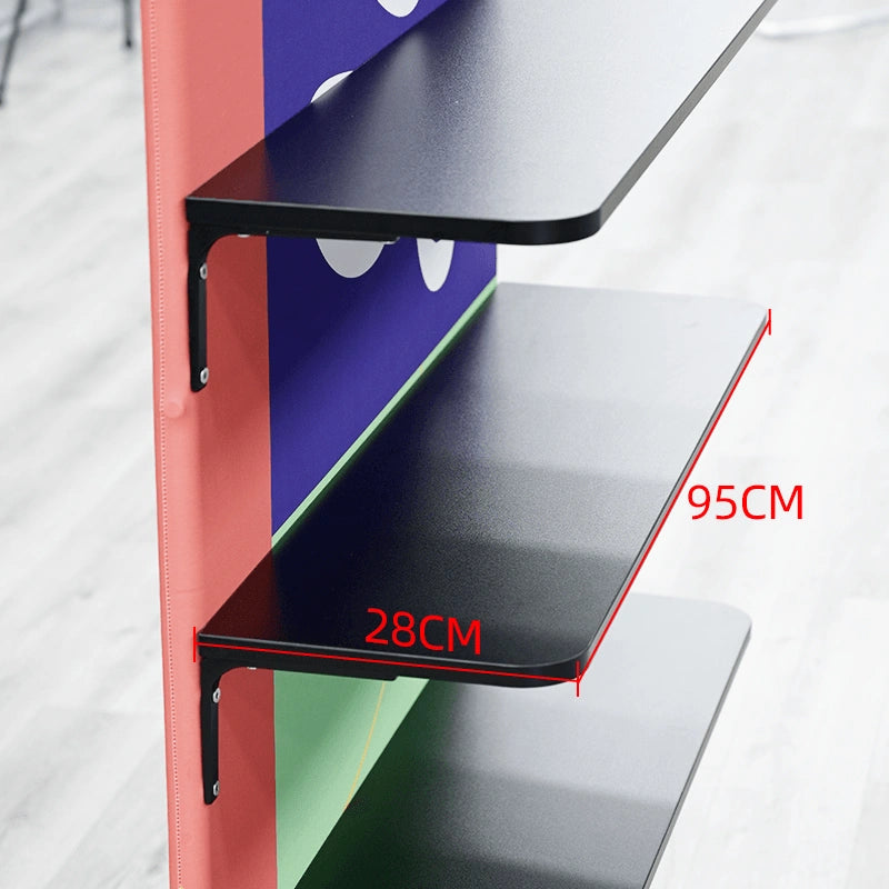 Custom exhibition display with product shelf, branded fabric graphics, and TV mounting area