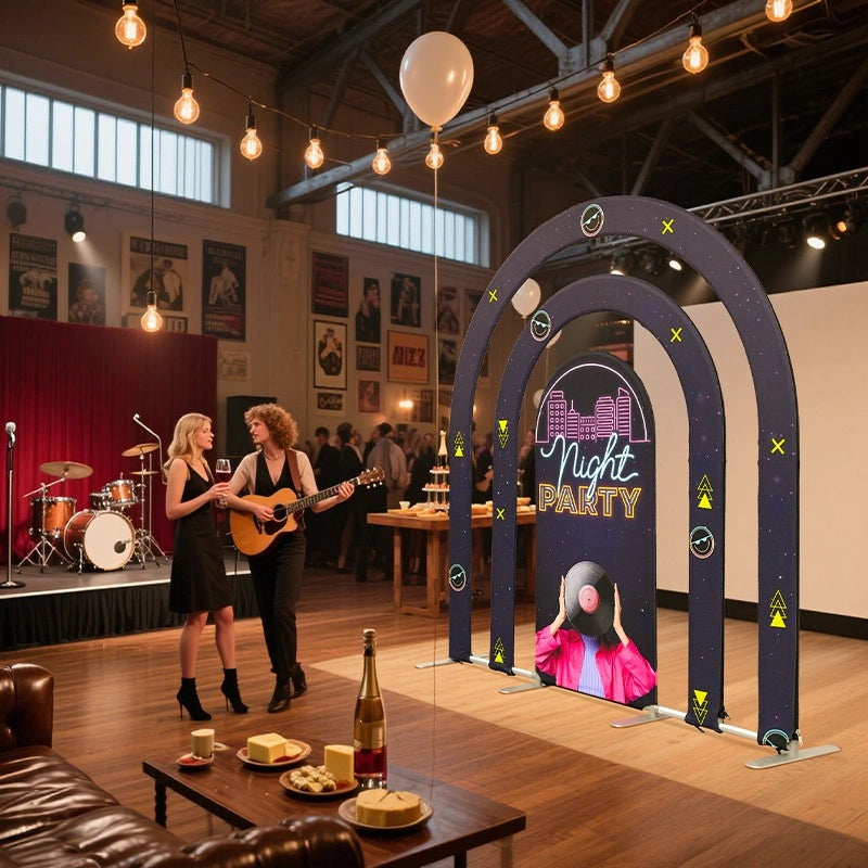 Rainbow Arch Backdrop styled with balloons and florals for weddings, parties, festivals, and memorable photo moments