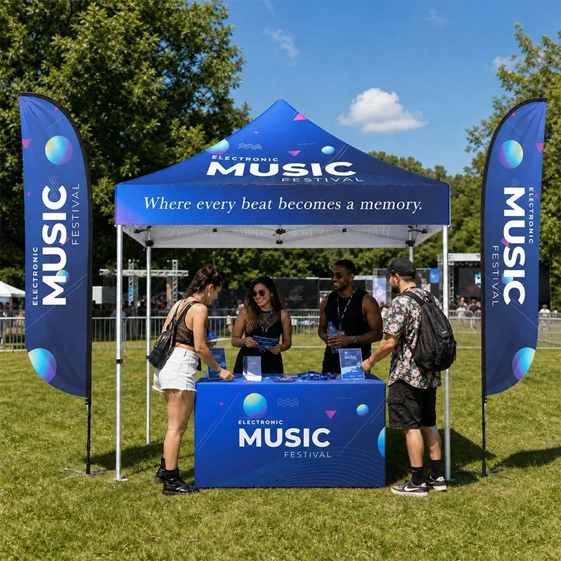 Adjustable folding table with fitted table cover for product displays, registration areas, and event booths