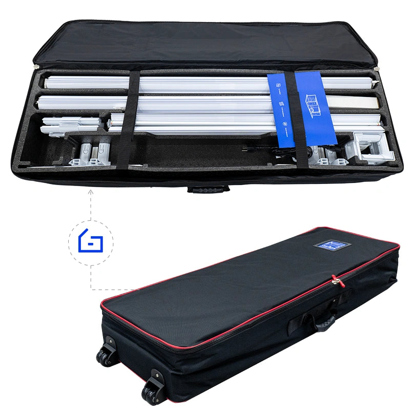“Portable 2.8x6.6 ft SEG light box packed in wheeled carry case for easy transport and storage”