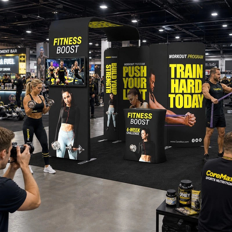 Portable 10x10ft exhibition booth display with vibrant custom graphics for impactful brand presentations