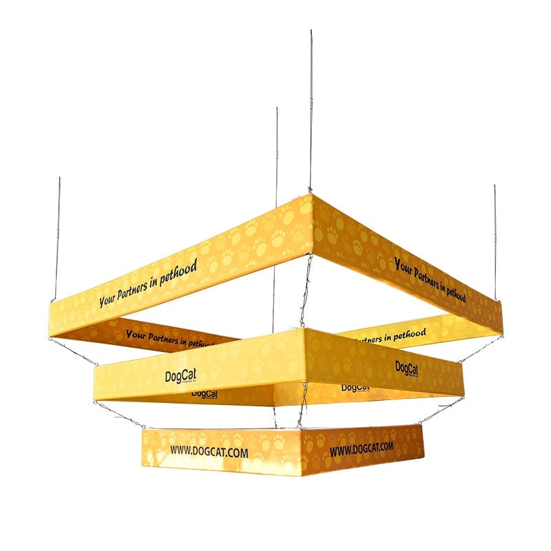 Tiered square fabric hanging sign with custom printed graphics