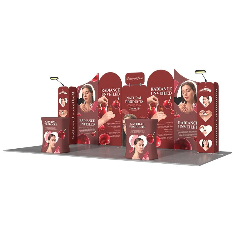 Custom 10x20 exhibition display designed with dedicated areas for products, presentations, and business discussions