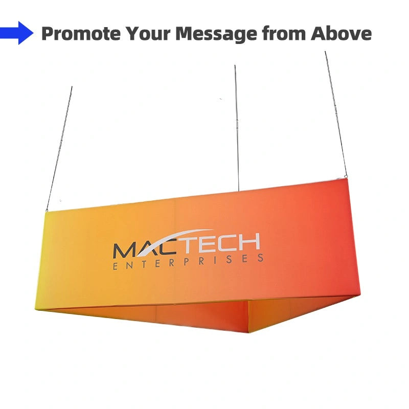 Triangle hanging fabric sign suspended above booth