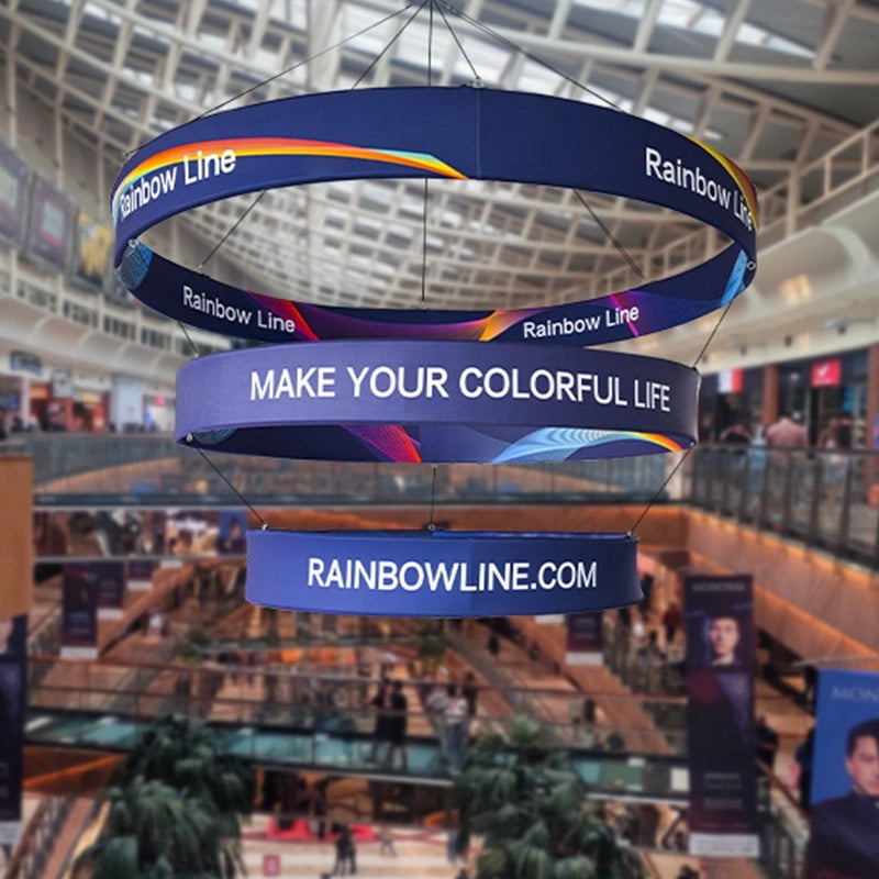 Trade show circular hanging banner with custom graphics