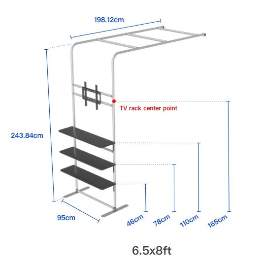 Portable L-shaped exhibition display with product shelves and TV rack for trade shows and corporate events