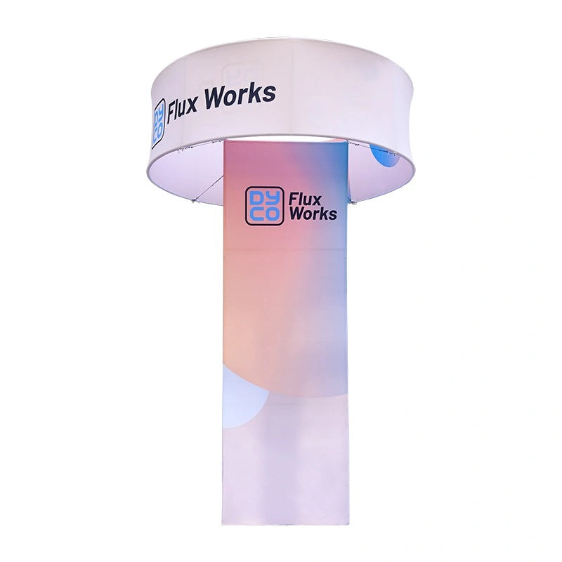 Square hanging sign tower display at trade show booth