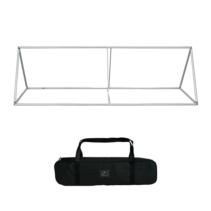 Three-sided promotional banner stand with vibrant printed graphics