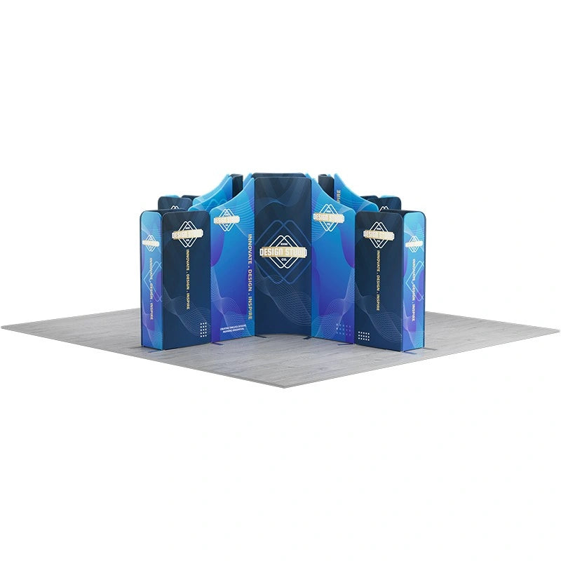 Large modular fabric trade show display with island booth design