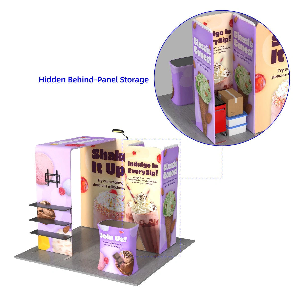 Portable exhibition booth system with lightweight display components and vibrant printed graphics.