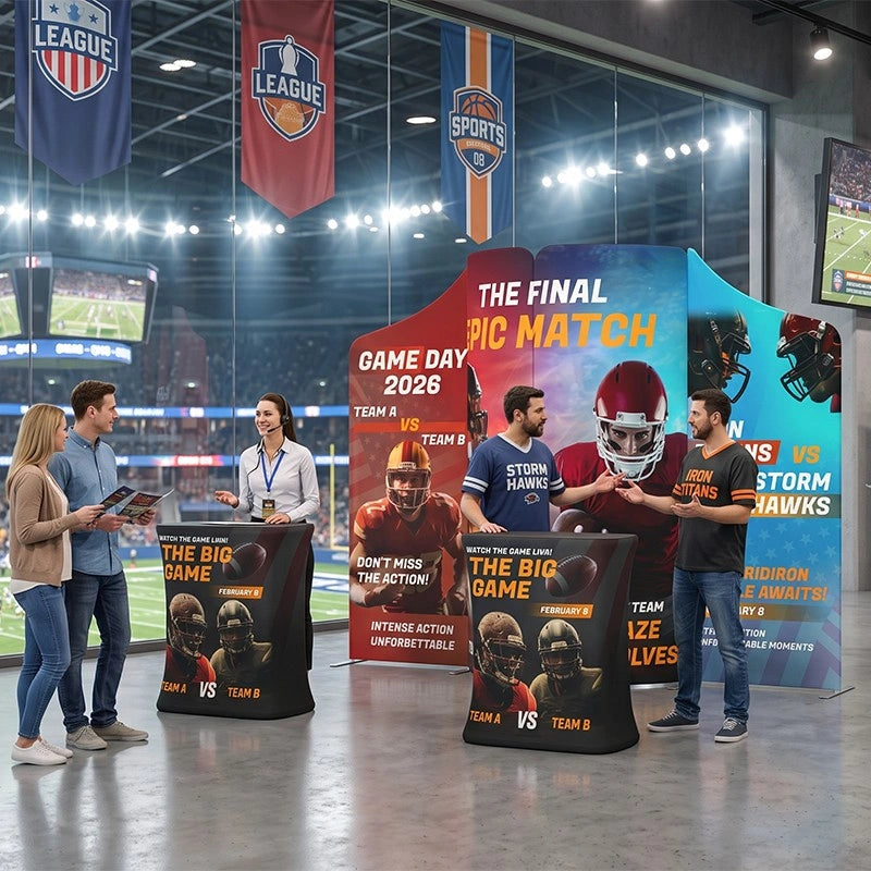 Custom 10x10 exhibition display designed to balance products, graphics, and marketing messages across the booth