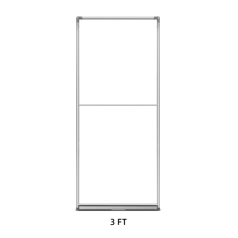 Side angle view showing curved edges of fabric banner stand