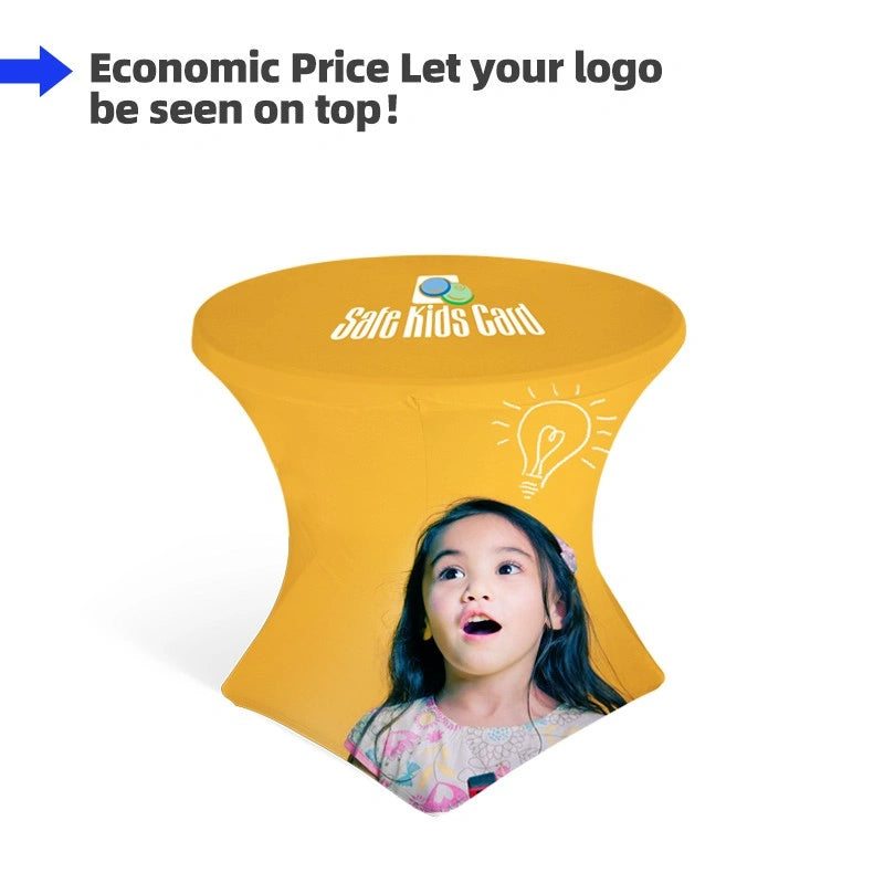 Round Stretch Table Cover with custom printed graphics for exhibitions