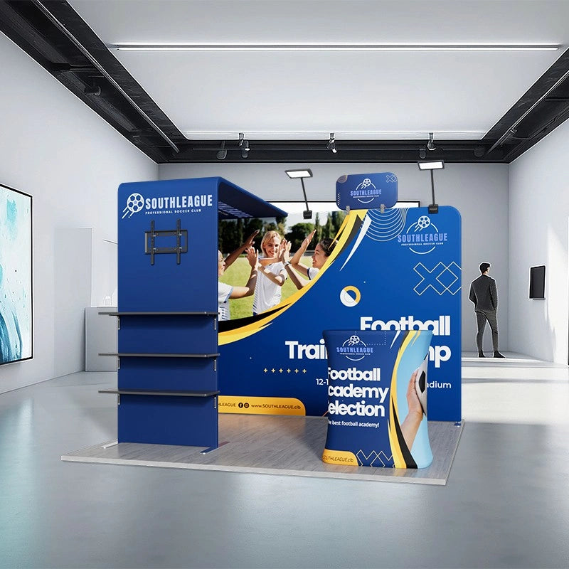 Side angle view of 10x10ft trade show booth kit A1 setup