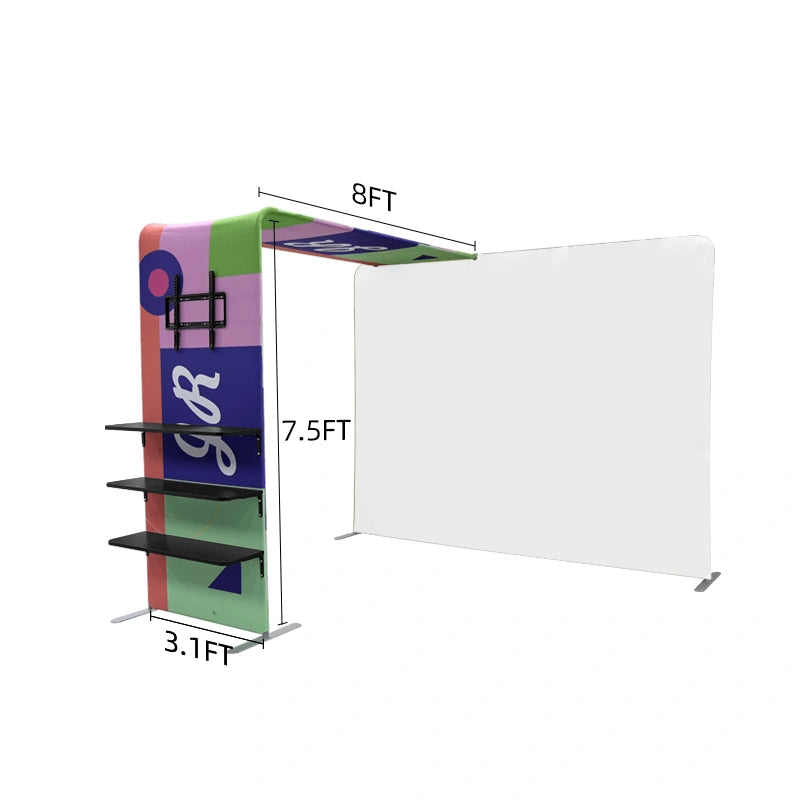 Trade show display shelf with TV mount for showcasing products alongside videos and digital content