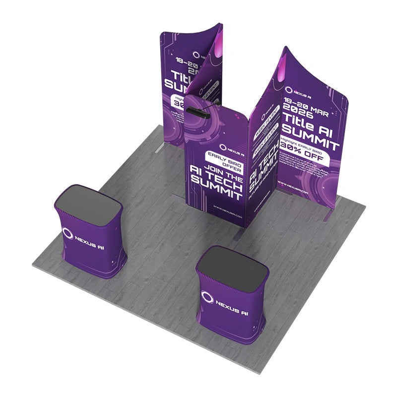 Professional trade show booth display B9 with seamless fabric graphics for corporate exhibitions and promotional events
