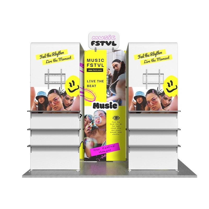 Custom 10x10 exhibition booth kit with premium printed graphics and modular display components.
