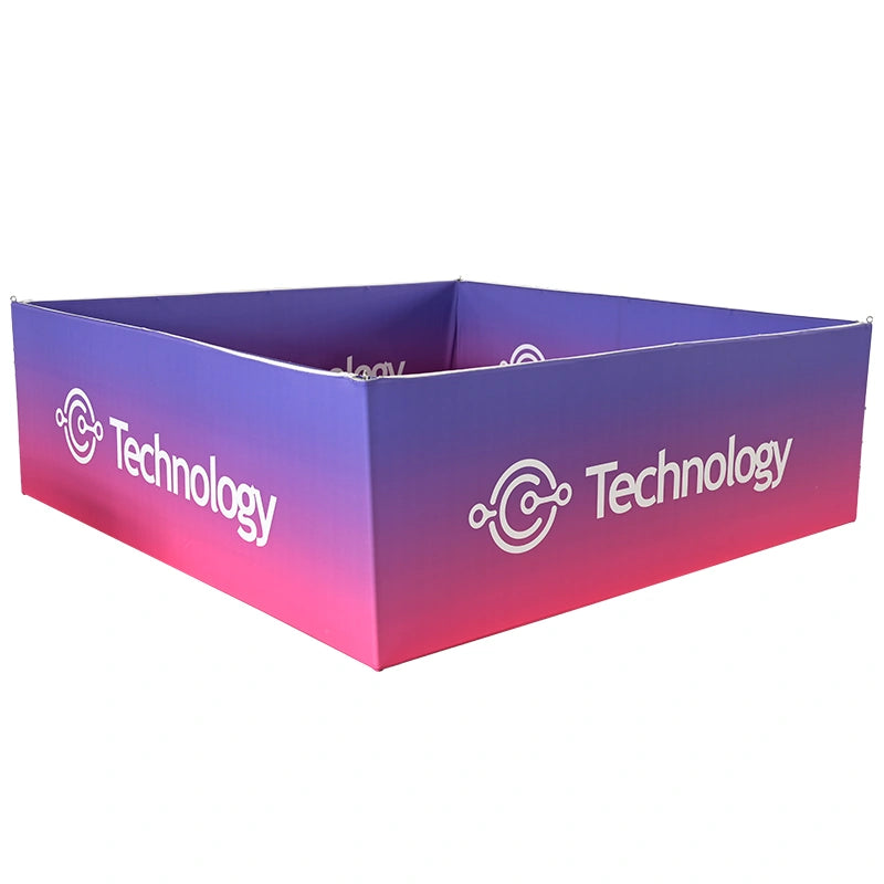 Square fabric hanging sign displaying brand logo with 360-degree visibility