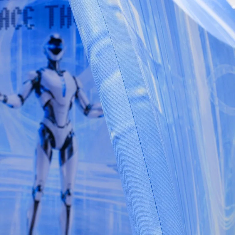 Half circle event photo booth with tension fabric graphics and spacious semi-enclosed interior.