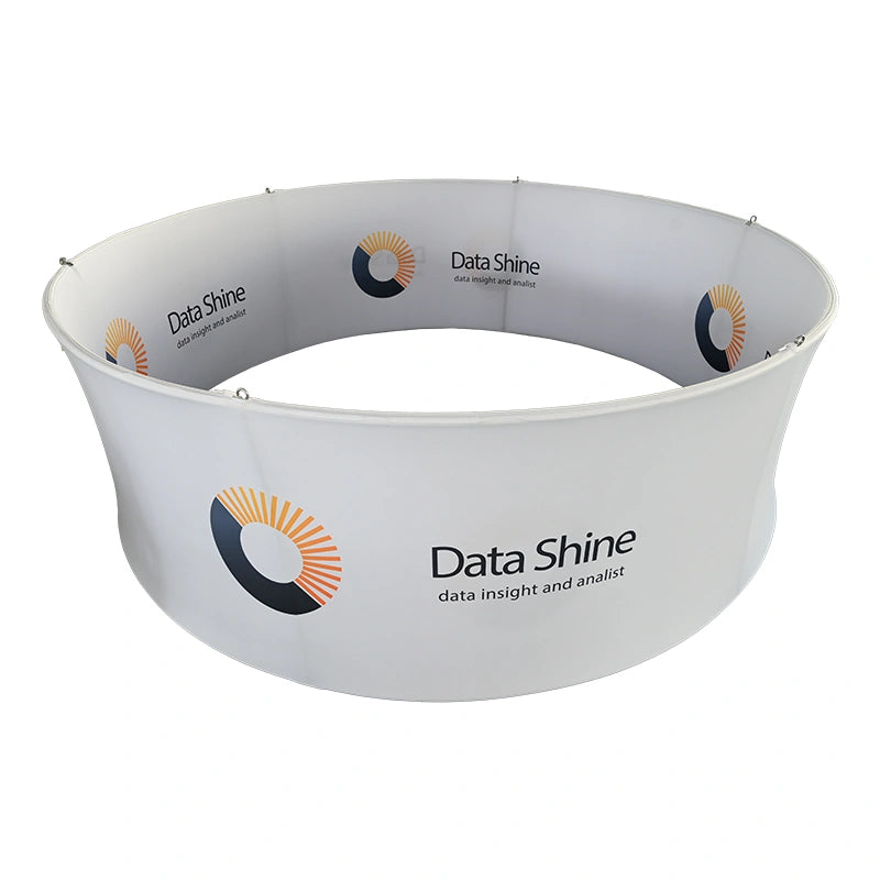 Circle hanging sign showcasing brand logo from all angles