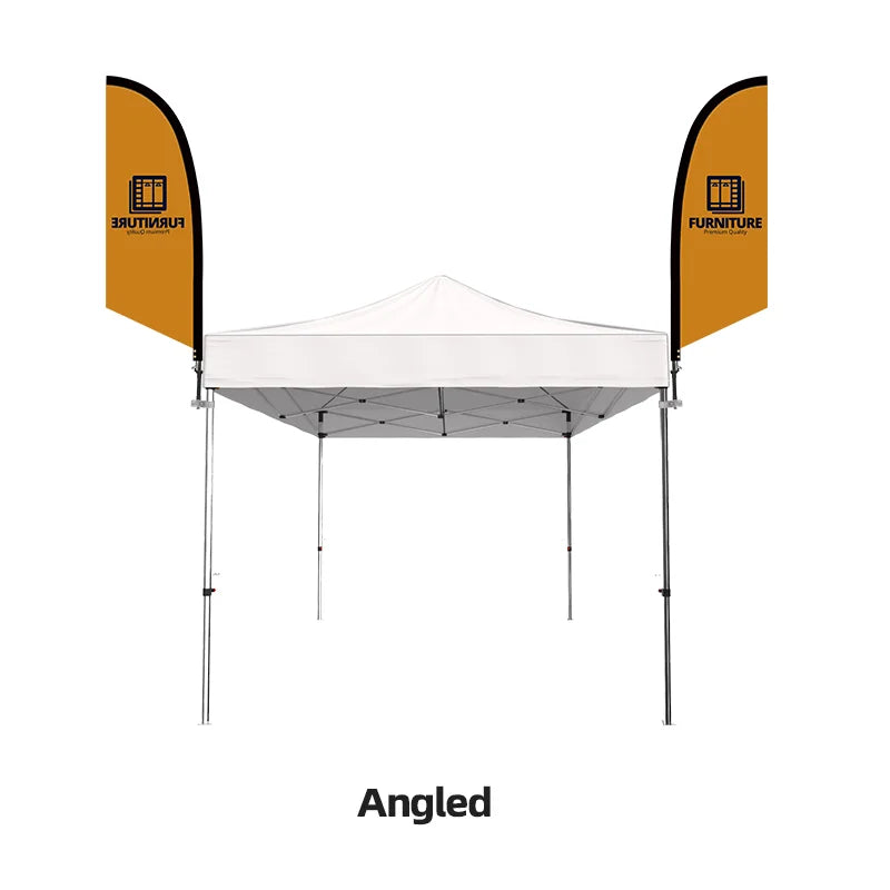 Tent-mounted feather flag displaying vibrant custom branding above a canopy at exhibitions and festivals.