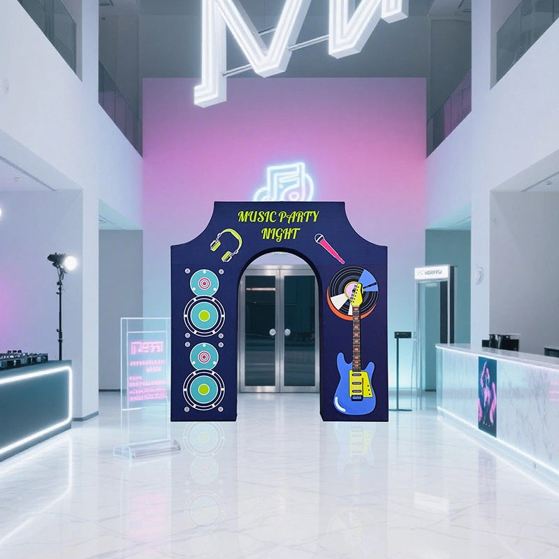Large architectural event arch with custom fabric graphics for memorable guest arrivals and branded event experiences