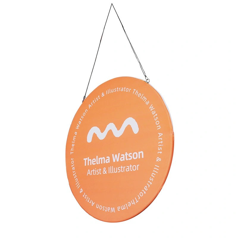 Circular vertical hanging sign for convention centers