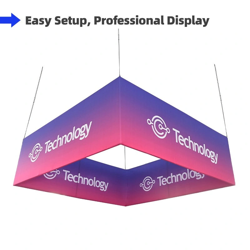 Custom square hanging sign suspended from ceiling at trade show booth