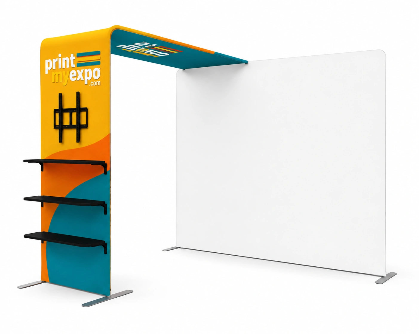 PrintMyExpo L-Shaped Display Shelf & TV Rack for branded product showcases and digital trade show presentations