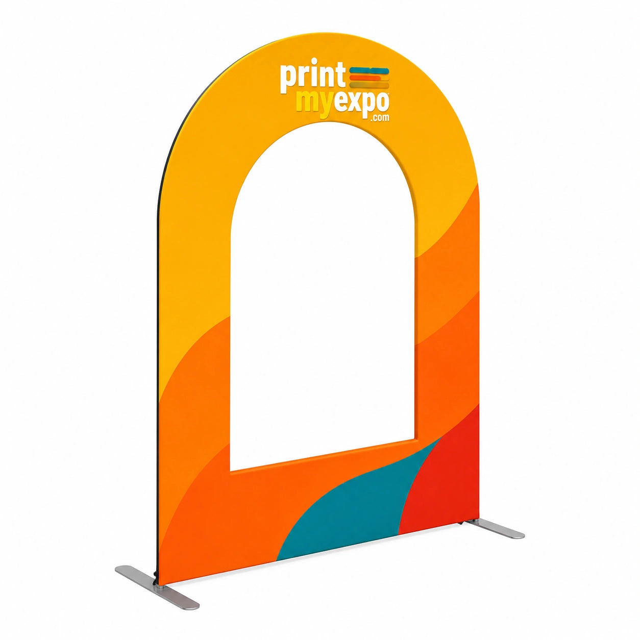 PrintMyExpo Open Arch Stand with custom graphics for weddings, celebrations, photo areas, and branded event experiences