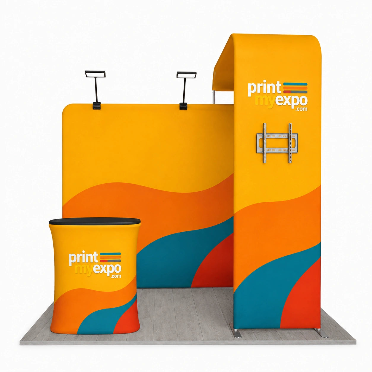 PrintMyExpo 10x10 Trade Show Booth Kit A3 with TV display, custom graphics, counter and LED lighting