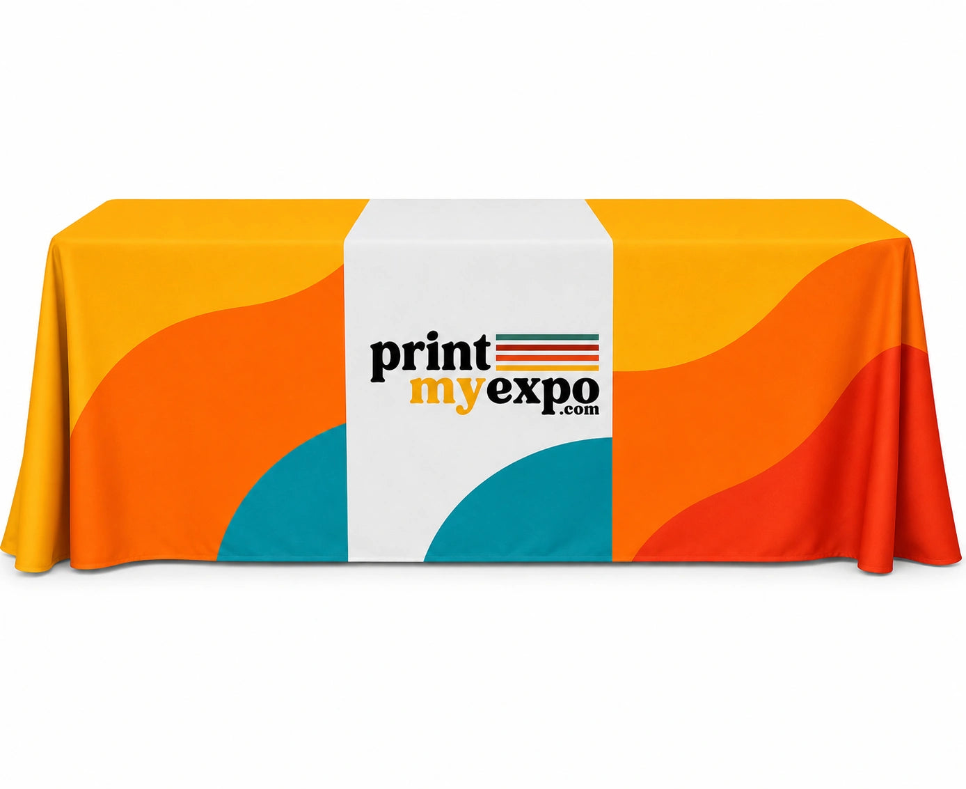 Custom table runner with vibrant full-color printing for professional trade show displays.