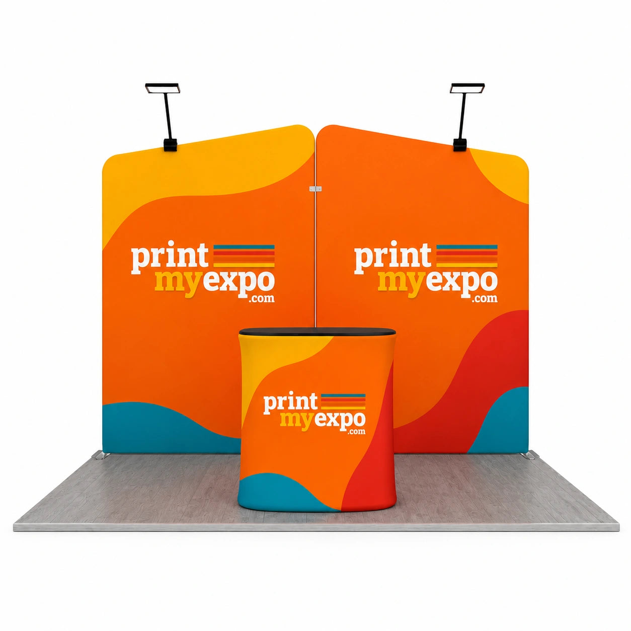 PrintMyExpo 10x10ft trade show booth kit with custom tension fabric display and branded counter.