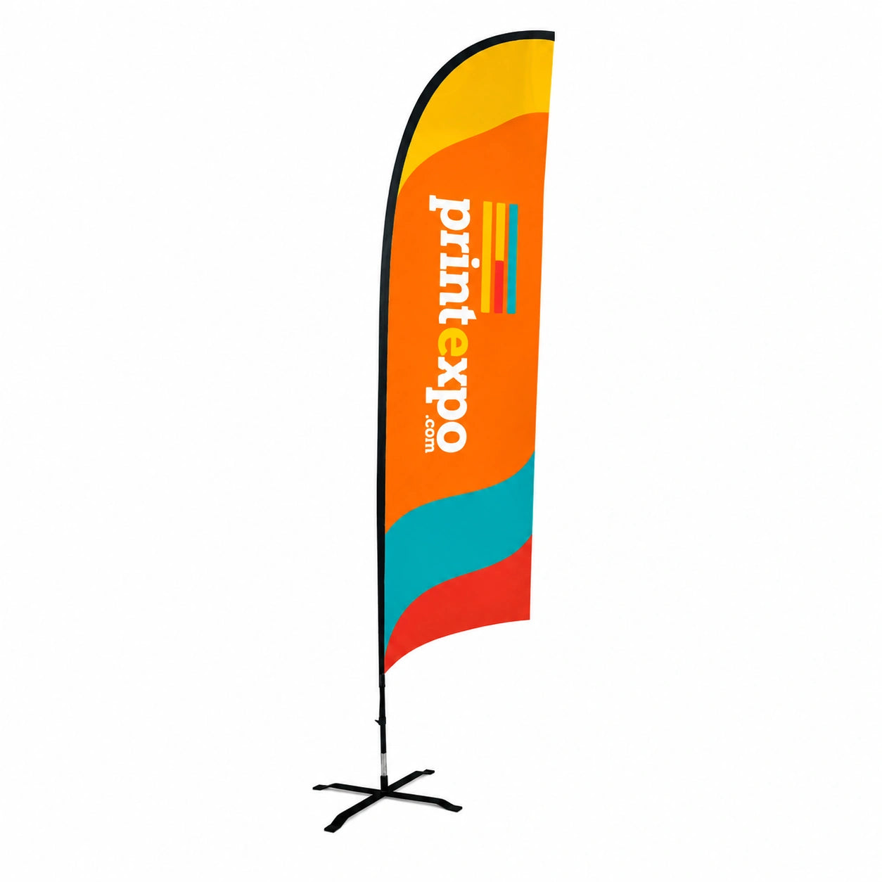 Custom Concave Flag with Uni-Fit Pole showcasing vibrant branded graphics for outdoor advertising and promotional business events.