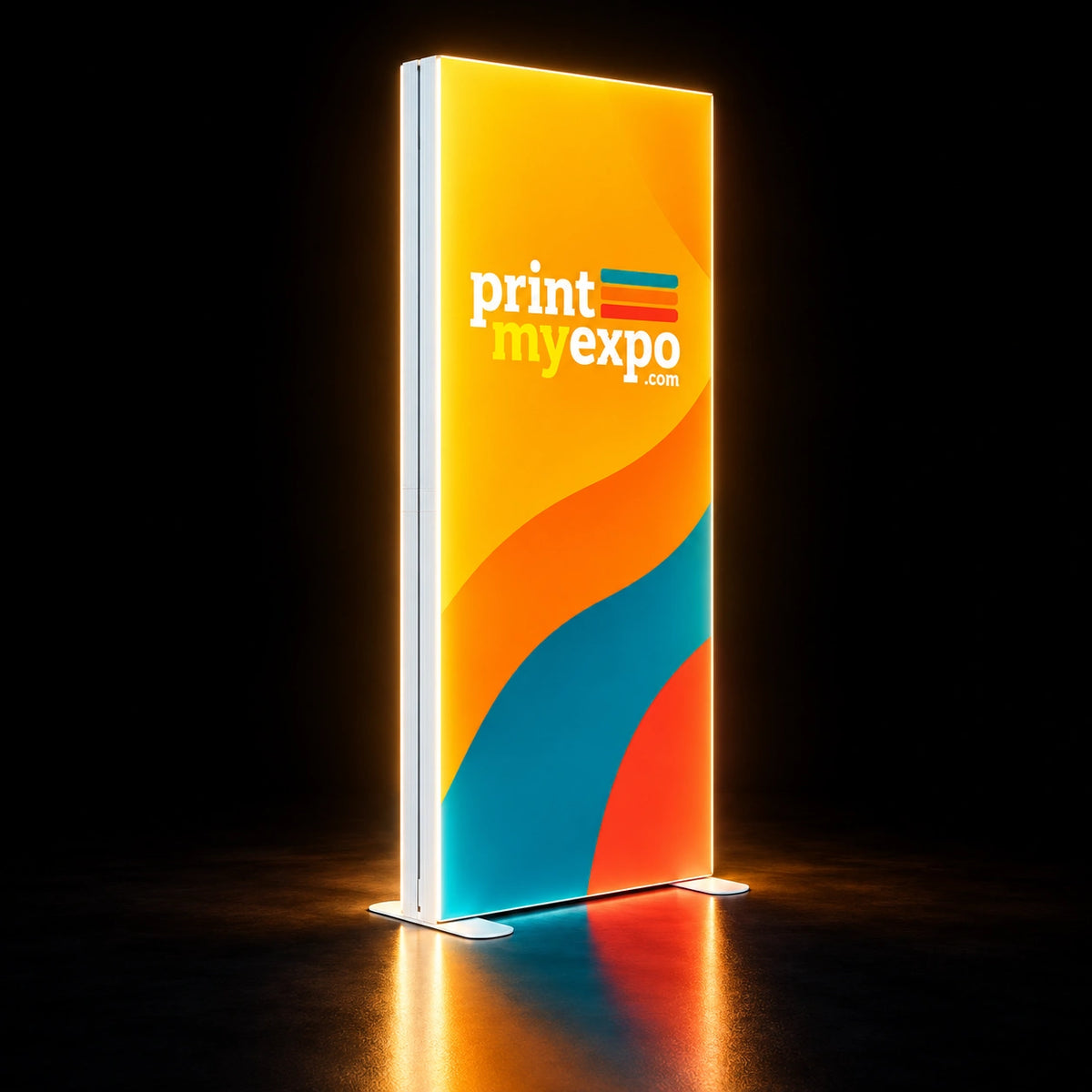 Sleek 2.8x7.4ft SEG Backlit Light Box Display with edge-to-edge illumination and vibrant PrintMyExpo graphics for a polished event presentation