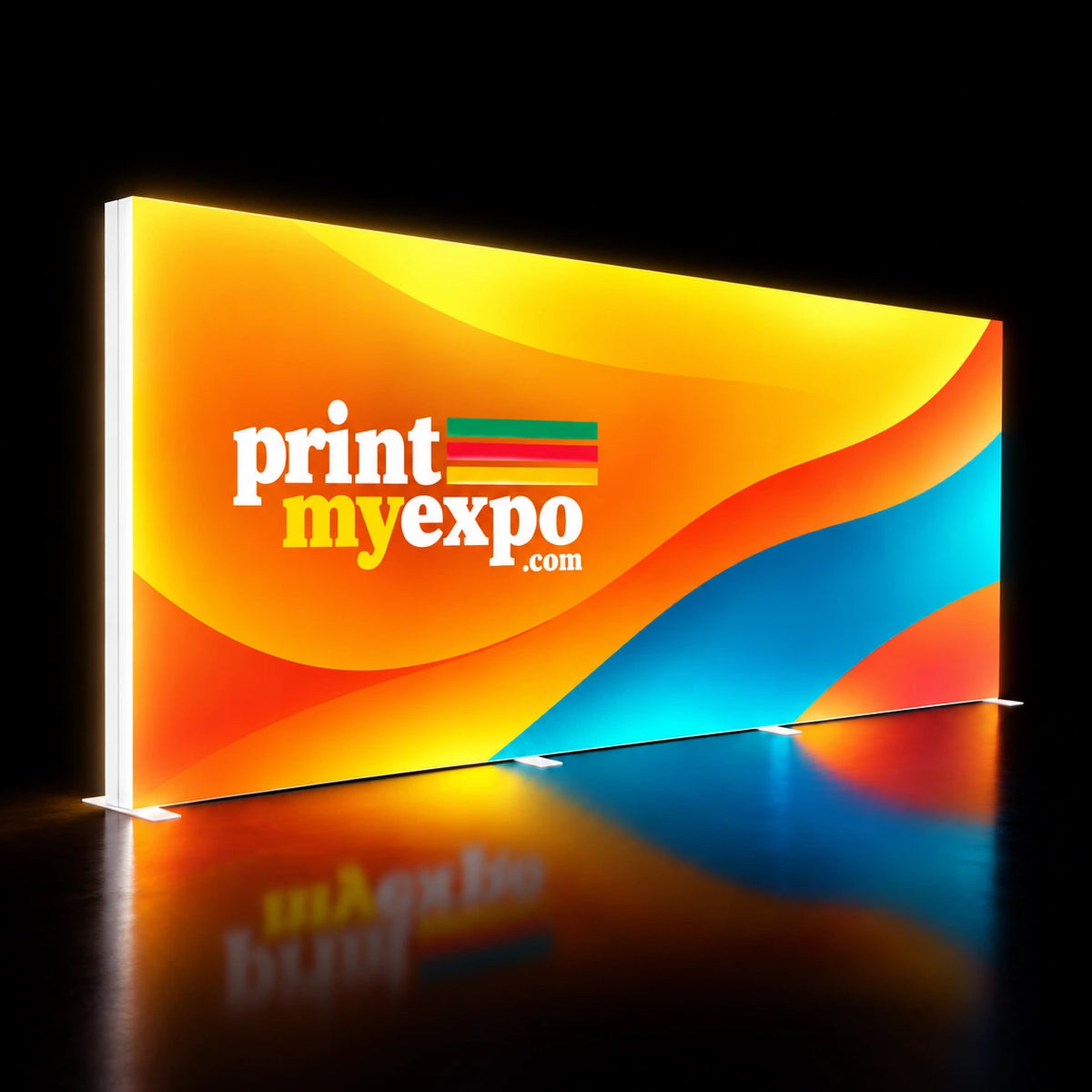 Expansive 13x8.2ft SEG Backlit Light Box Display showcasing vibrant PrintMyExpo graphics with brilliant illumination for a commanding exhibition backdrop.