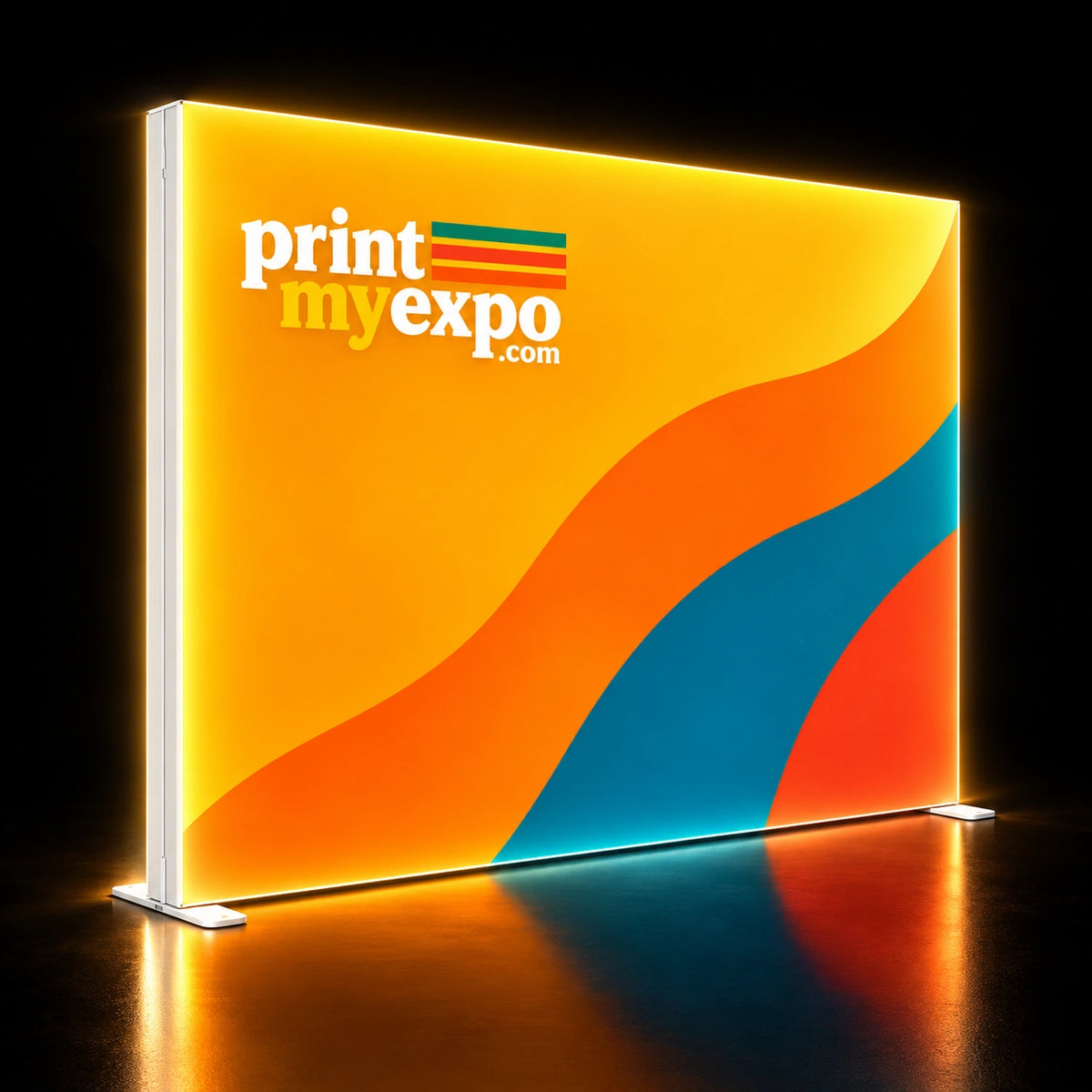 10x6.6ft SEG Backlit Light Box Display showcasing bright PrintMyExpo graphics with seamless LED illumination and a sleek aluminum frame for trade show environments.