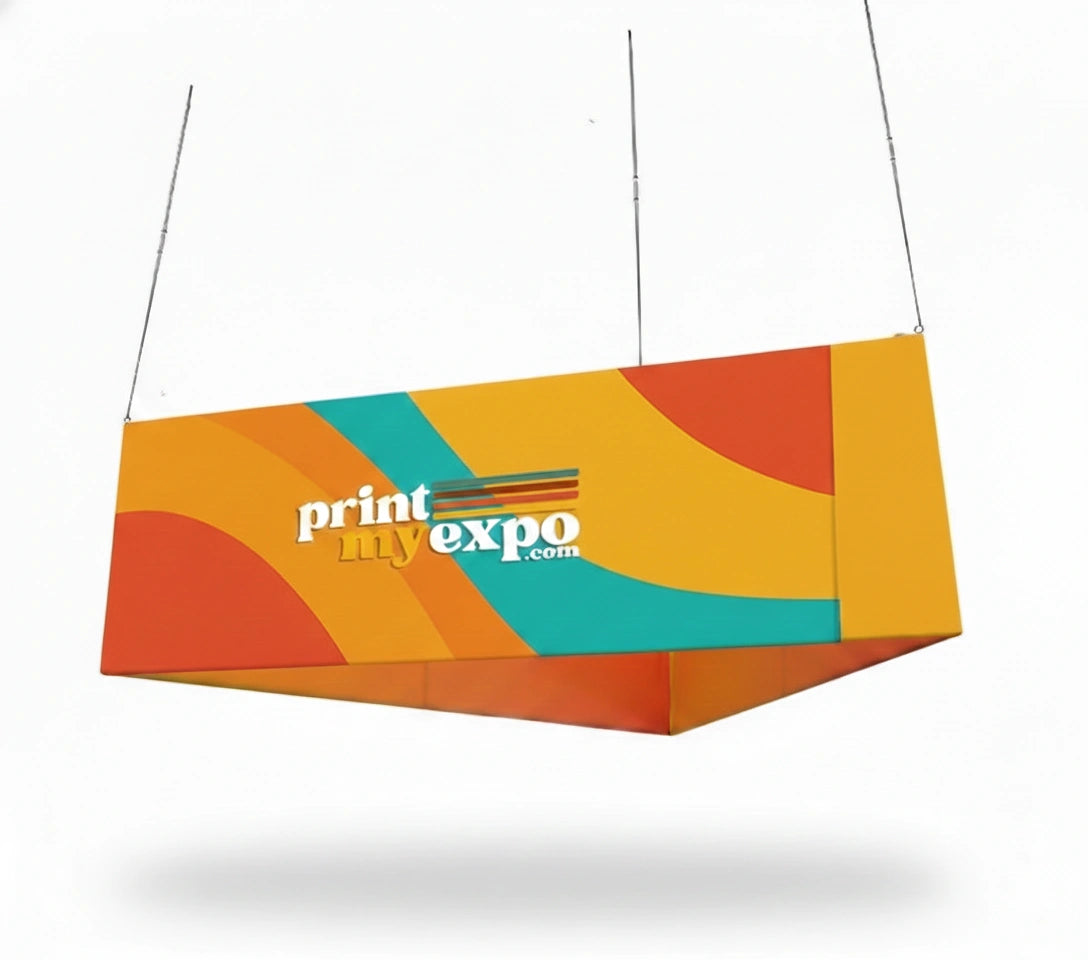 Triangle hanging sign for trade show overhead branding