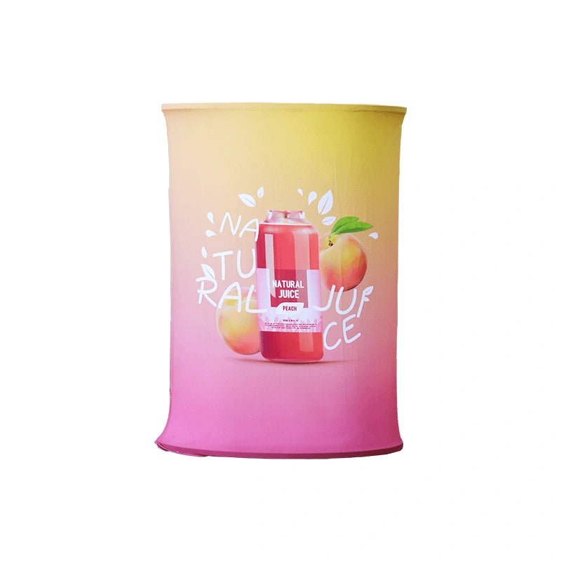 Front view of spring up display counter with custom graphics