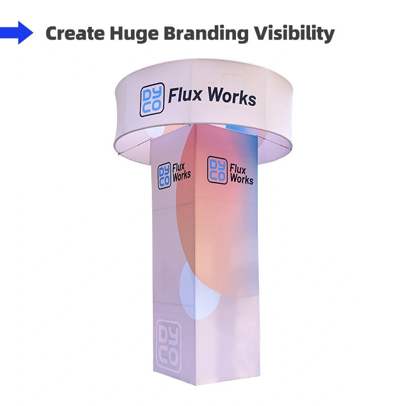 Square trade show tower with hanging sign for exhibitions