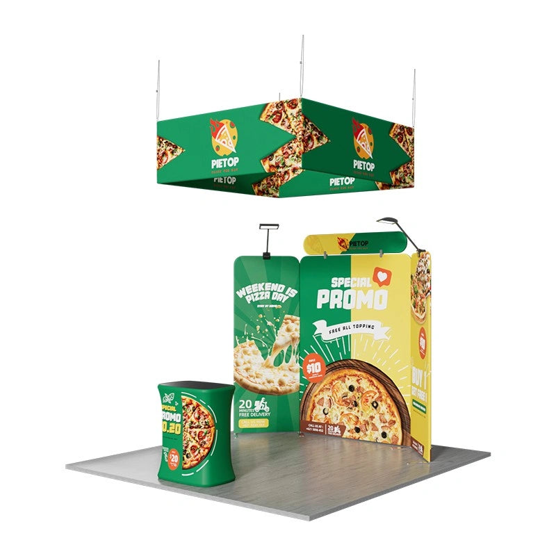 Complete 10x10ft exhibition booth kit designed with vibrant tension fabric graphics, overhead hanging sign, and portable display system.